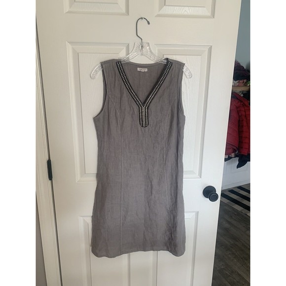 Lina Tomei Italy 100% Linen Dress Embellished Neck Gray Size Small - Picture 3 of 14